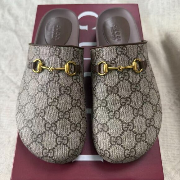 Gucci Shoes - Gucci Beige Monogram Platform Slides